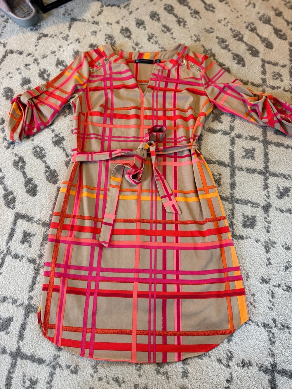 New York & Company XS Pink Orange Plaid Shift Dress Tie Waist Roll Tab Sleeve